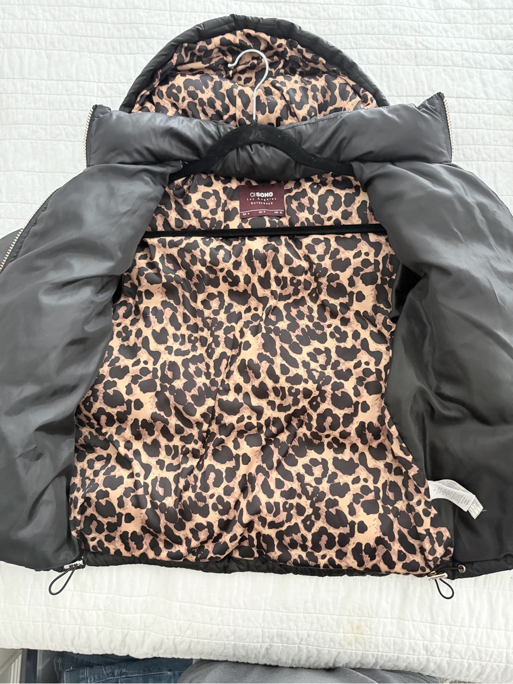 Black Puffer Jacket with Leopard Print Lining